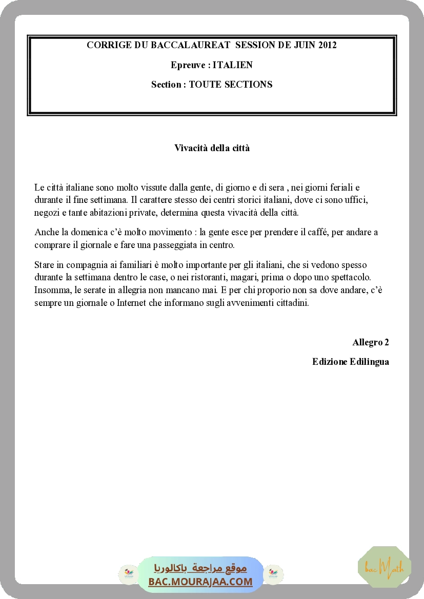 Corrigé principale  Bac 2012 – Section math